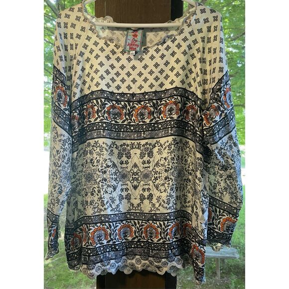 Johnny Was Rio 100% Silk Boho Blouse Top Tunic Embroidered Hems Sz L - Picture 1 of 5